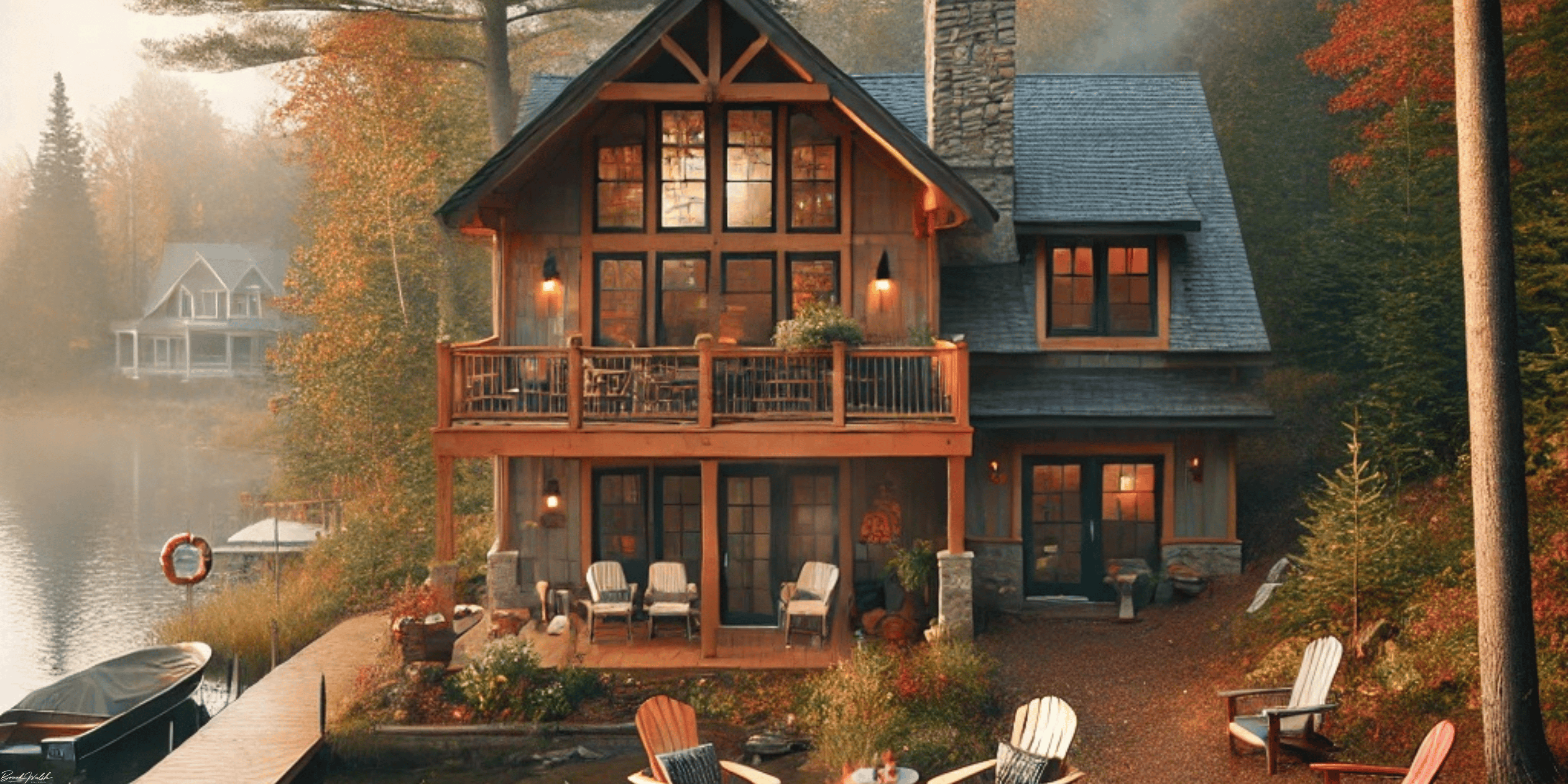 Cozy lakefront home in Lakes of the North, Michigan surrounded by fall colors